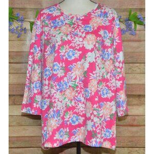 Kim Rogers Perfectly Soft Cotton Pink Floral 3/4 Sleeve Womens Top Shirt 3X